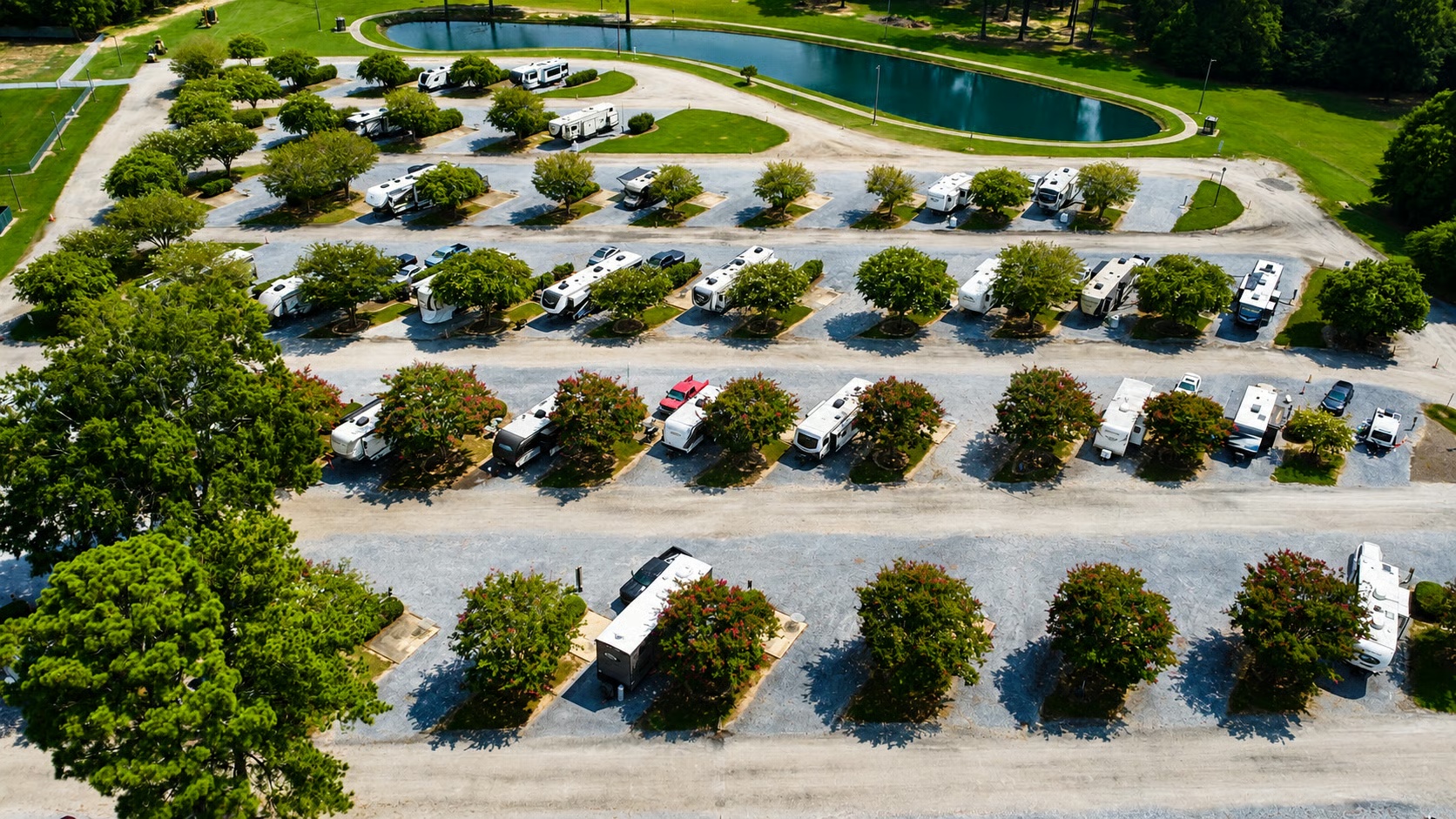 Rows of RV sites near the pond